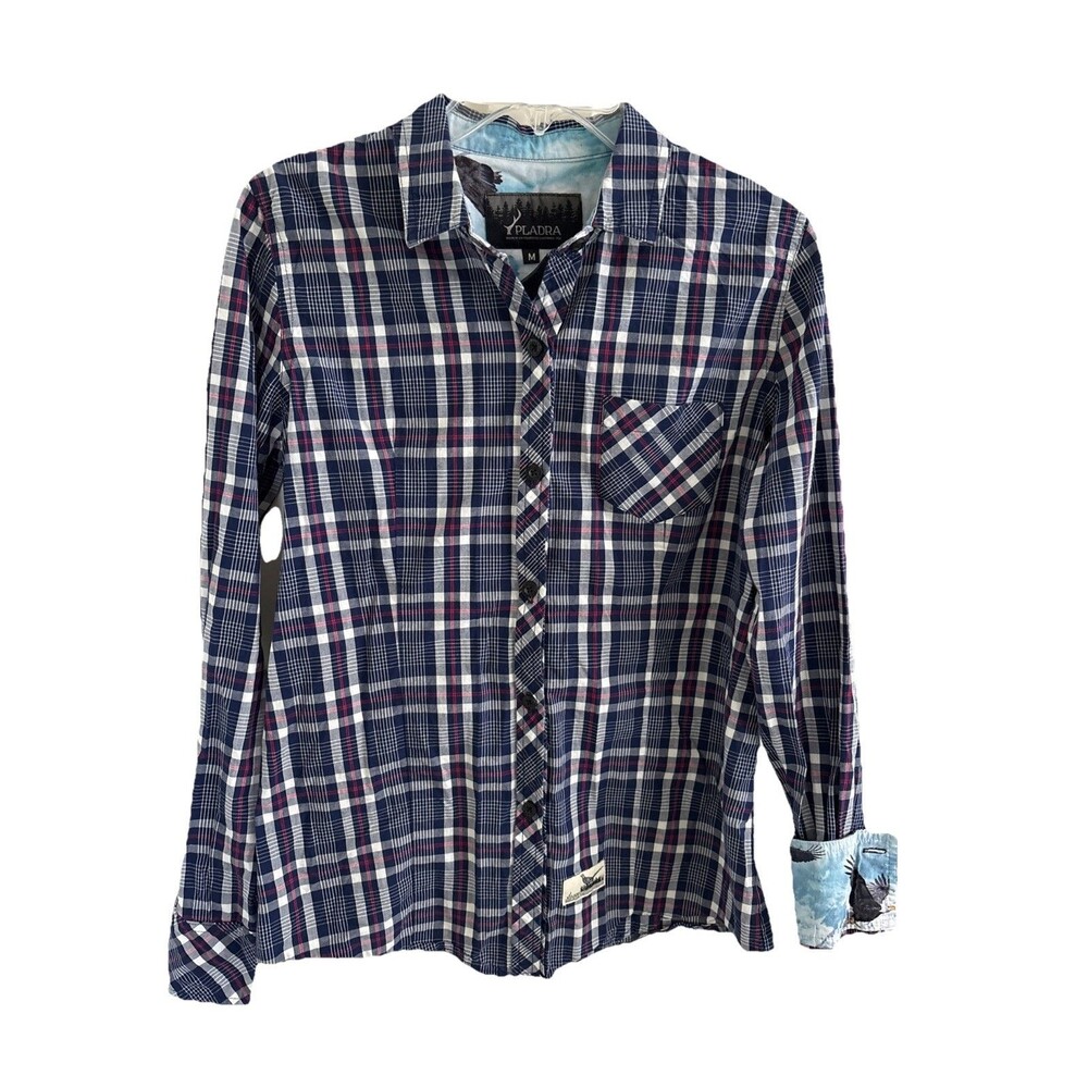 EUC Pladra Women's Button 100% Cotton Shirt Blue Red White Plaid Size Med USA